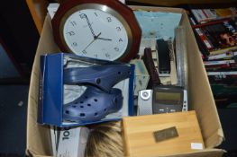 Box of Various Items Including Sandals, Clock, Cal