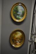 Pair of Gilt Framed Oval Oil on Board Landscapes