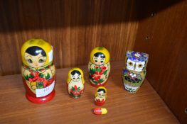 Painted Wooden Russian Dolls plus Enamelled Owl