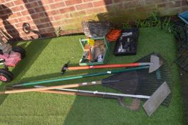 Assorted Garden Tools; Hose, Rakes, etc.