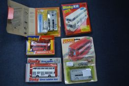 Three Dinky Action Kits Buses and Two Dinky Diecas