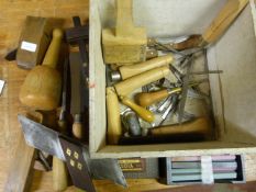 Box of Assorted Wood Working Tools Including Chise