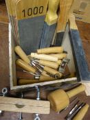 Box of Carving Chisels, Sharpening Strops, Mallet,