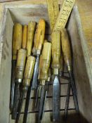 Box of Vintage Chisels, Gouges and Two Rulers