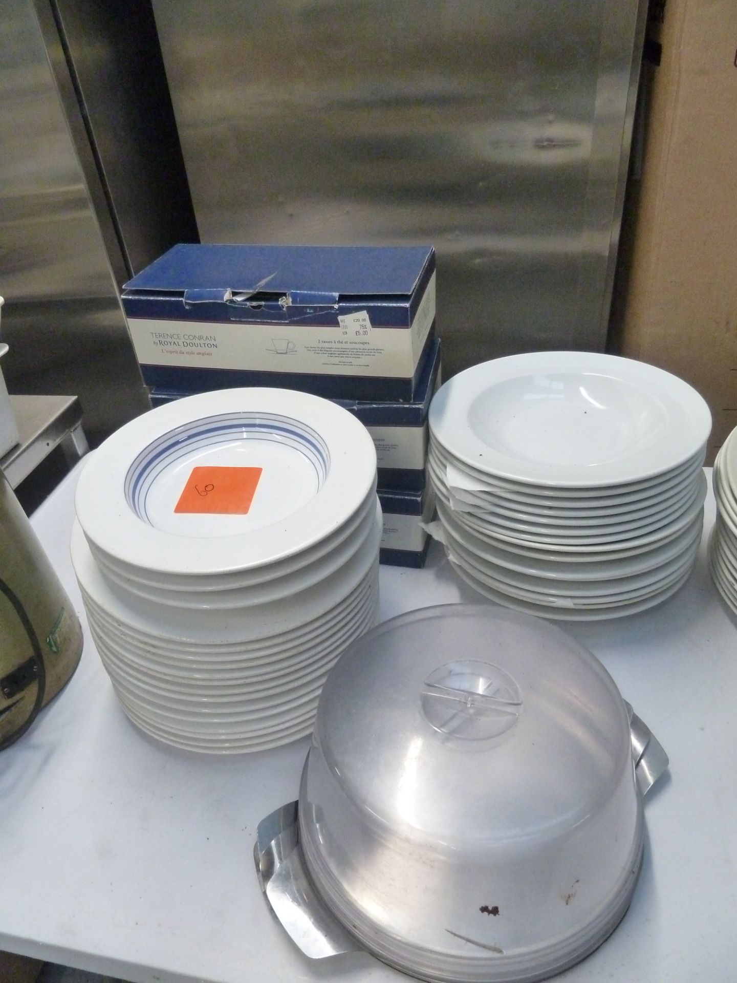 * assortment of deep dish pasta bowls, saucers & service trays with plastic covers