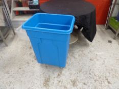 * large blue plastic glass bin with wheels, in good working order