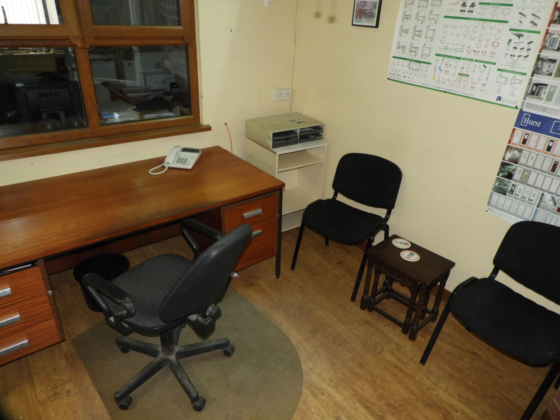 *Sepillia Mahogany Double Pedestal Desk, Nest of Oak Tables and Three Office Chairs