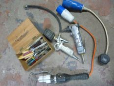 Two Air Tools, Inspection Lamp and a Box of Small