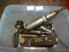 Box of Grease Pumps, Record Plane, Oil Cans, etc.