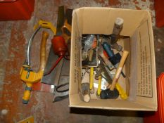 Box of Saws, Garden Spray, Hatchet and Miscellaneo