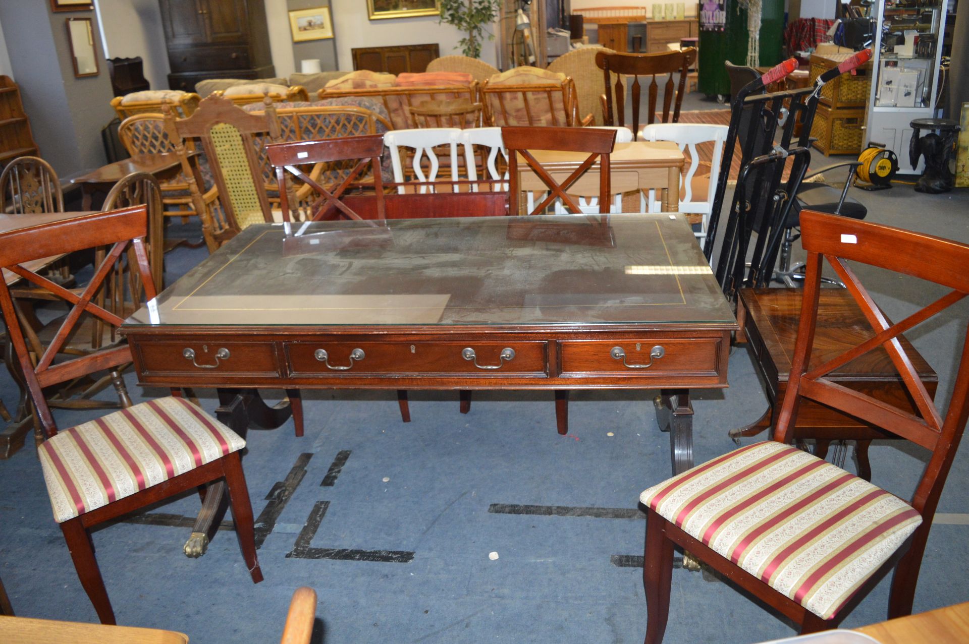 Mahogany Glass Topped Desk with Brass Claw Feet, G