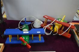 Two Children's Painted Wooden Biplane Lamps