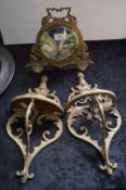 Two Brass Wall Sconces and Painted Brass Framed Mirror