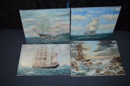 Four Oil on Canvases - Sailing Ships