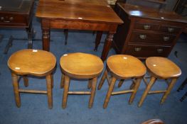 Four Distressed Beech Vintage Style Stools