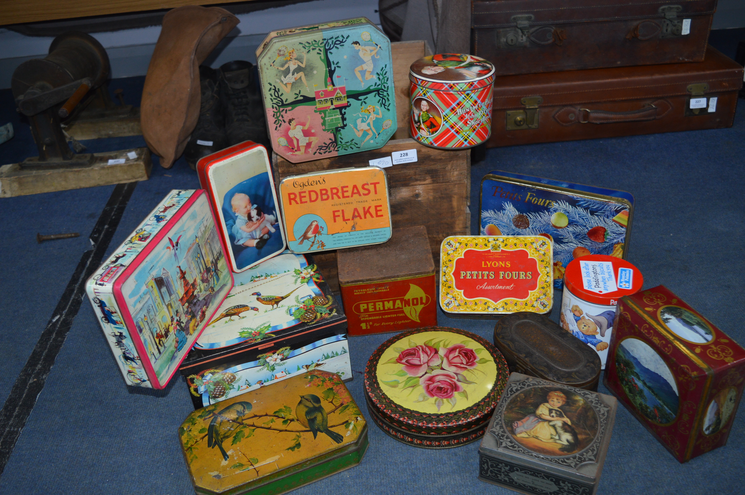Wooden Crate Containing Vintage Tins