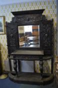 Period Ornately Carved Oak Hall Stand with Bevelled Edge Mirror and Lion Supports
