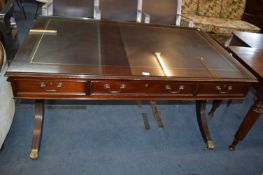 Modern Mahogany Three Drawer Glass Topped Desk with Tooled Leather Inlay & Brass Claw Feet