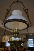 Period Brass Oil Lamp with White Glass Shade (Converted to Electricity)