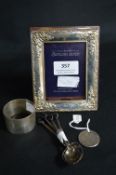 Silver Photo Frame - Sheffield 1994, Five Spoons, Napkin Ring and US Silver Half Dollar 1945