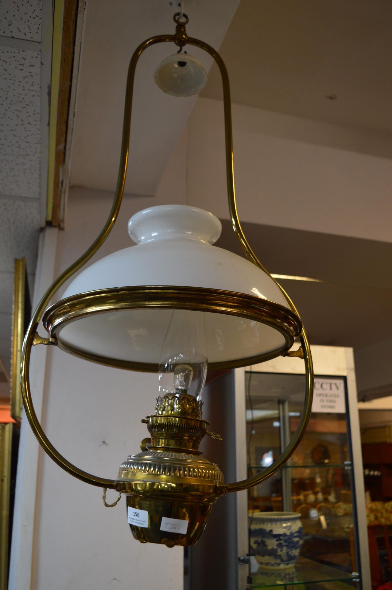Period Brass Oil Lamp with White Glass Shade (Converted to Electricity)
