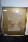 Gilt Framed Watercolour - Harbour Scene by A.G. Stevens