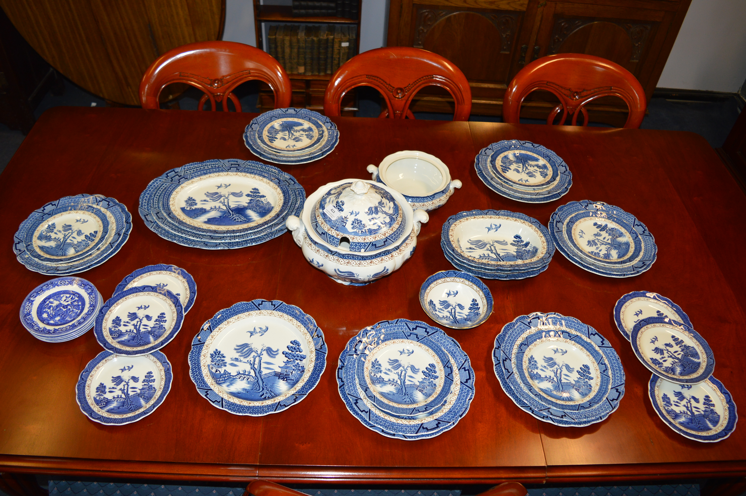 Booths Willow Pattern Part Dinner Service; Tureen, Dishes, Plates, etc. (35 Pieces)