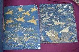 Two Japanese Style Embroideries of Cranes in Gilt Thread on Blue Silk