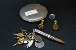 Pocket Watch Keys, Silver Coins, Pencil Holder, Silver Compact (AF), Wax Seals, etc.