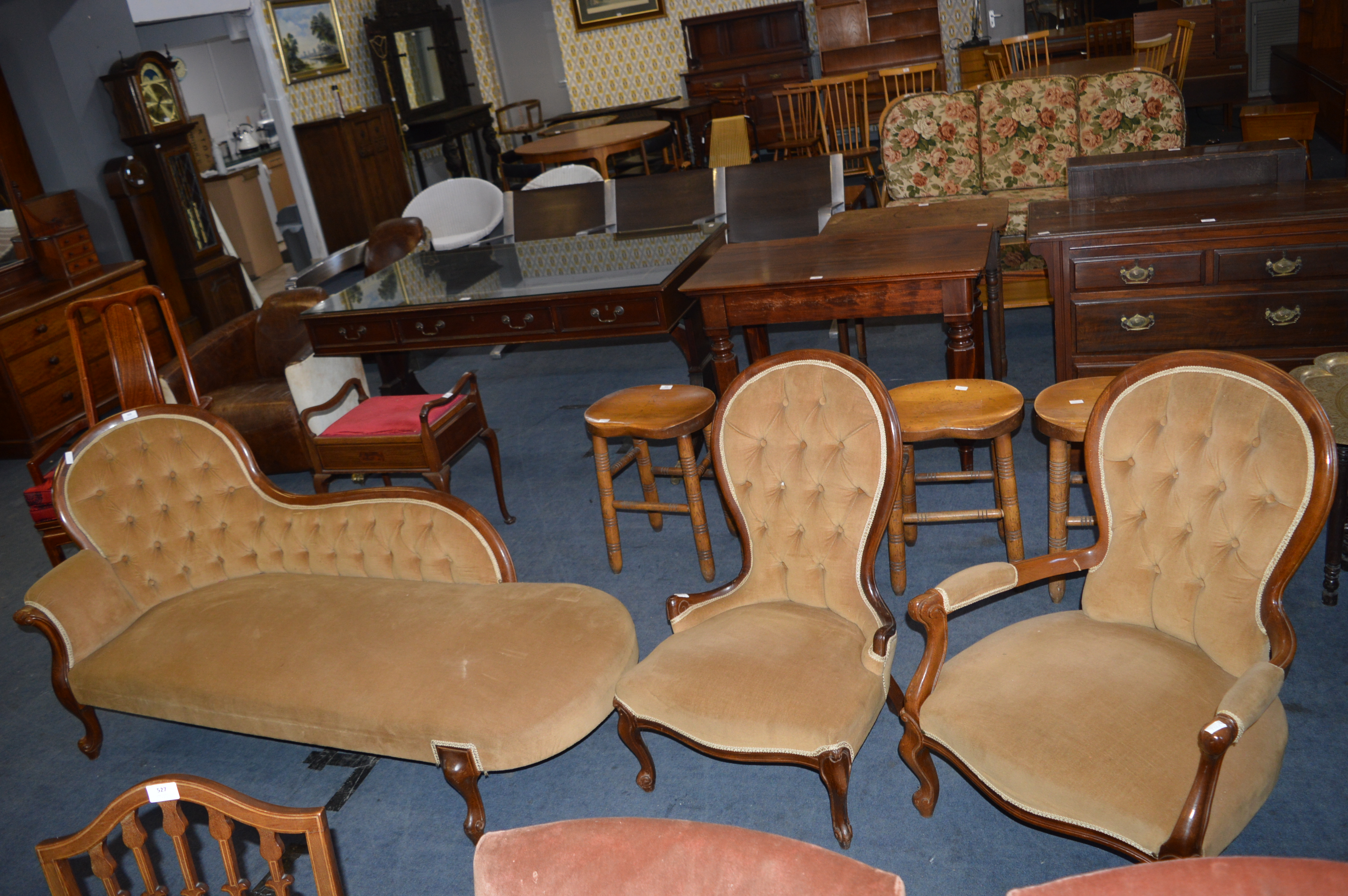 Mahogany Framed Chaise Lounge in Light Gold Upholstery and Two Matching Nursing Chairs - Image 2 of 2