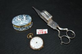 Continental Silver Candle Snuffers, Silver Pocket Watch (AF) and a Capodimonte Pill Box