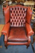 Red Leather Upholstered Chesterfield Wing Chair