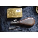 Vintage Leather Powder Flask, Shot Mould and a WWI Chocolate Tin