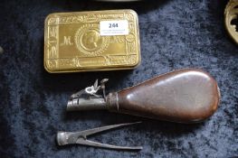 Vintage Leather Powder Flask, Shot Mould and a WWI Chocolate Tin