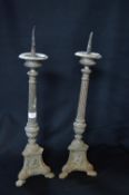 Pair of Victorian Brass Candlesticks on Tripod Support Classical Design