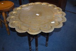 Indian Engraved Brass Tray Top Occasional Table on Folding Stand