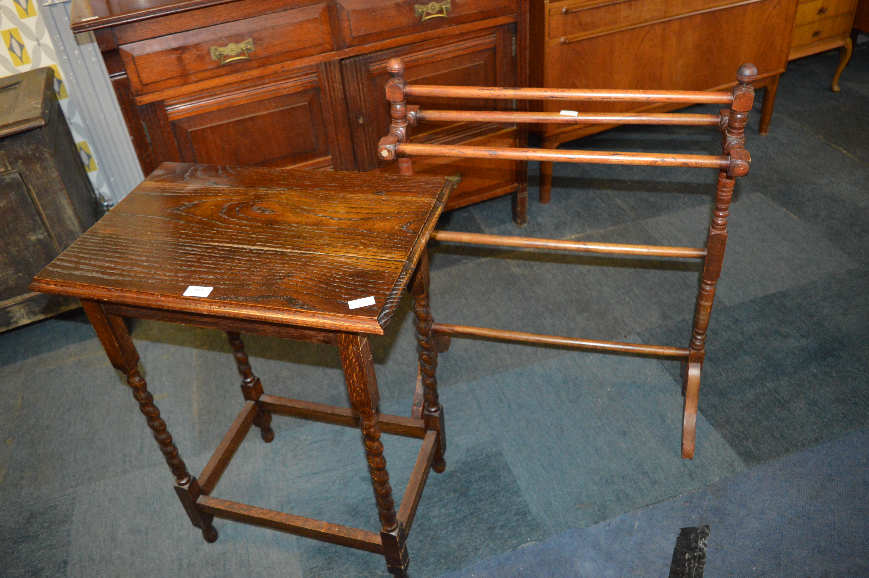 Edwardian Oak Barley Twist Side Table and Towel Rail