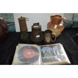 Huntley & Palmers Biscuit Tin, Miners Lamp, 7" Singles, and a Glazed Jug
