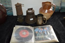 Huntley & Palmers Biscuit Tin, Miners Lamp, 7" Singles, and a Glazed Jug