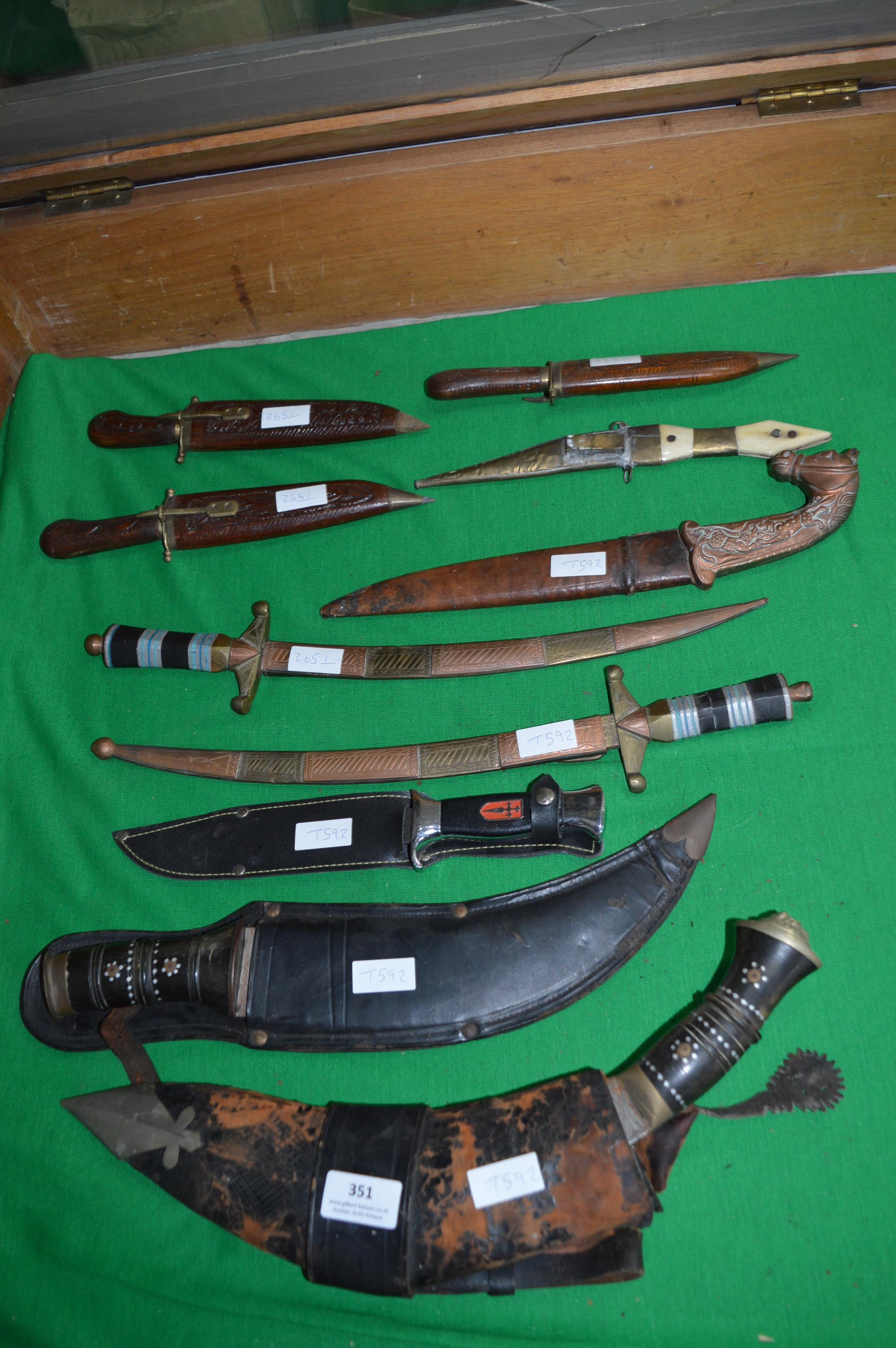 Ten Decorative Eastern Knives Including Kukri, etc.