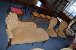 Mahogany Framed Chaise Lounge in Light Gold Upholstery and Two Matching Nursing Chairs