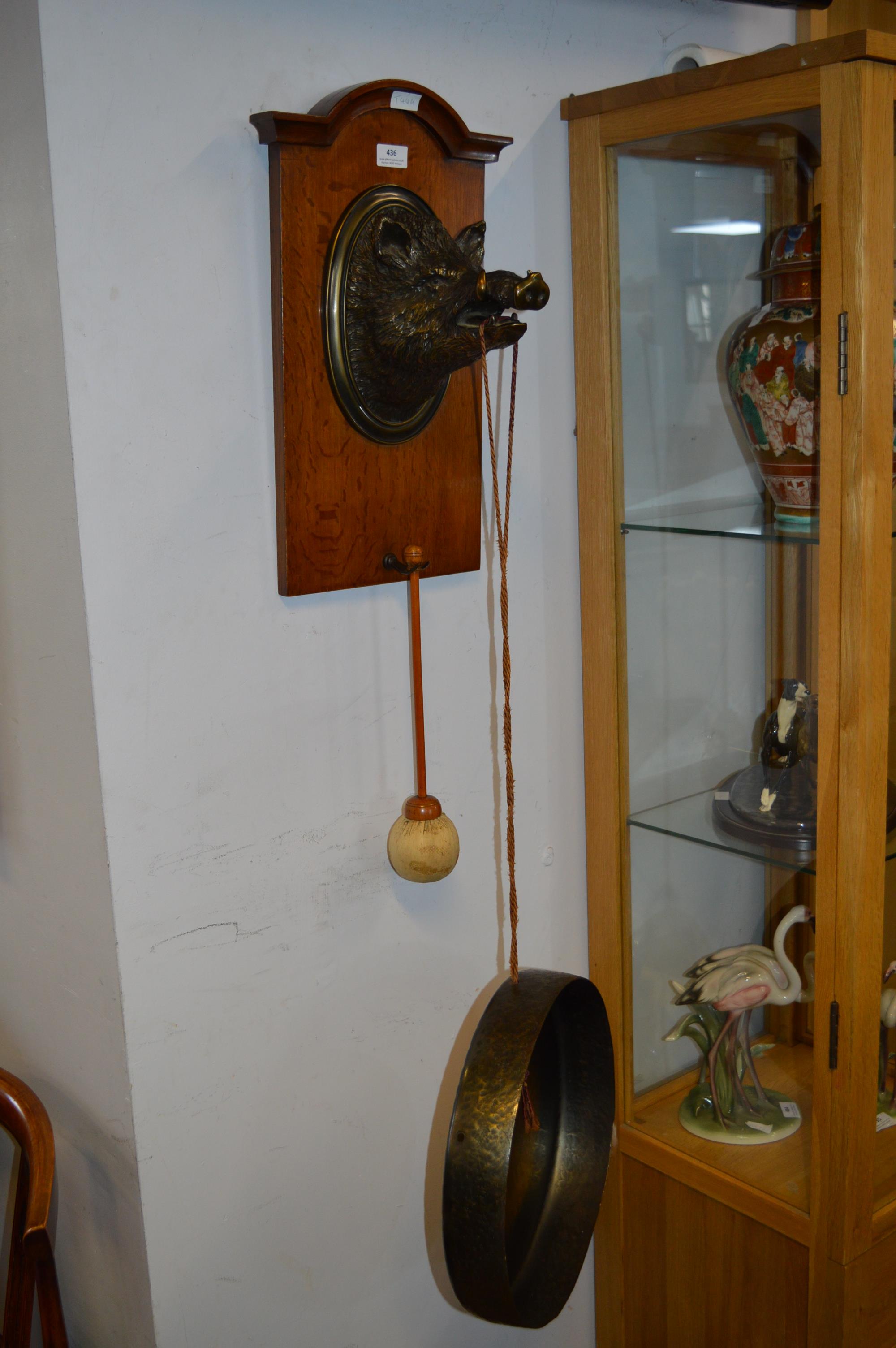 Bronze Boar's Head on Wall Mounted Oak Board with Gong and Beater