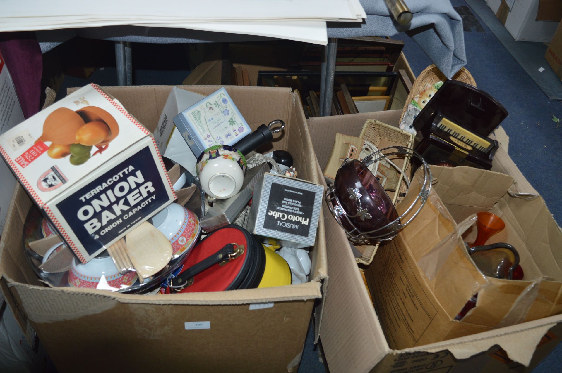 Two Boxes of Household Goods; Wok, Lamps, etc.