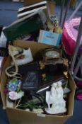 Two Boxes of Decorative Items; Ornaments, Clocks,