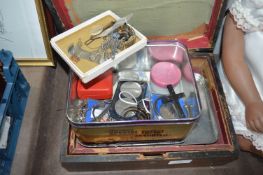 Mahogany Box and a Tin Of Collectibles, Coins, etc