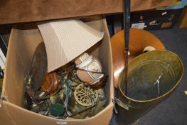 Large Box of Brassware, Brass Coal Bin and a Coppe