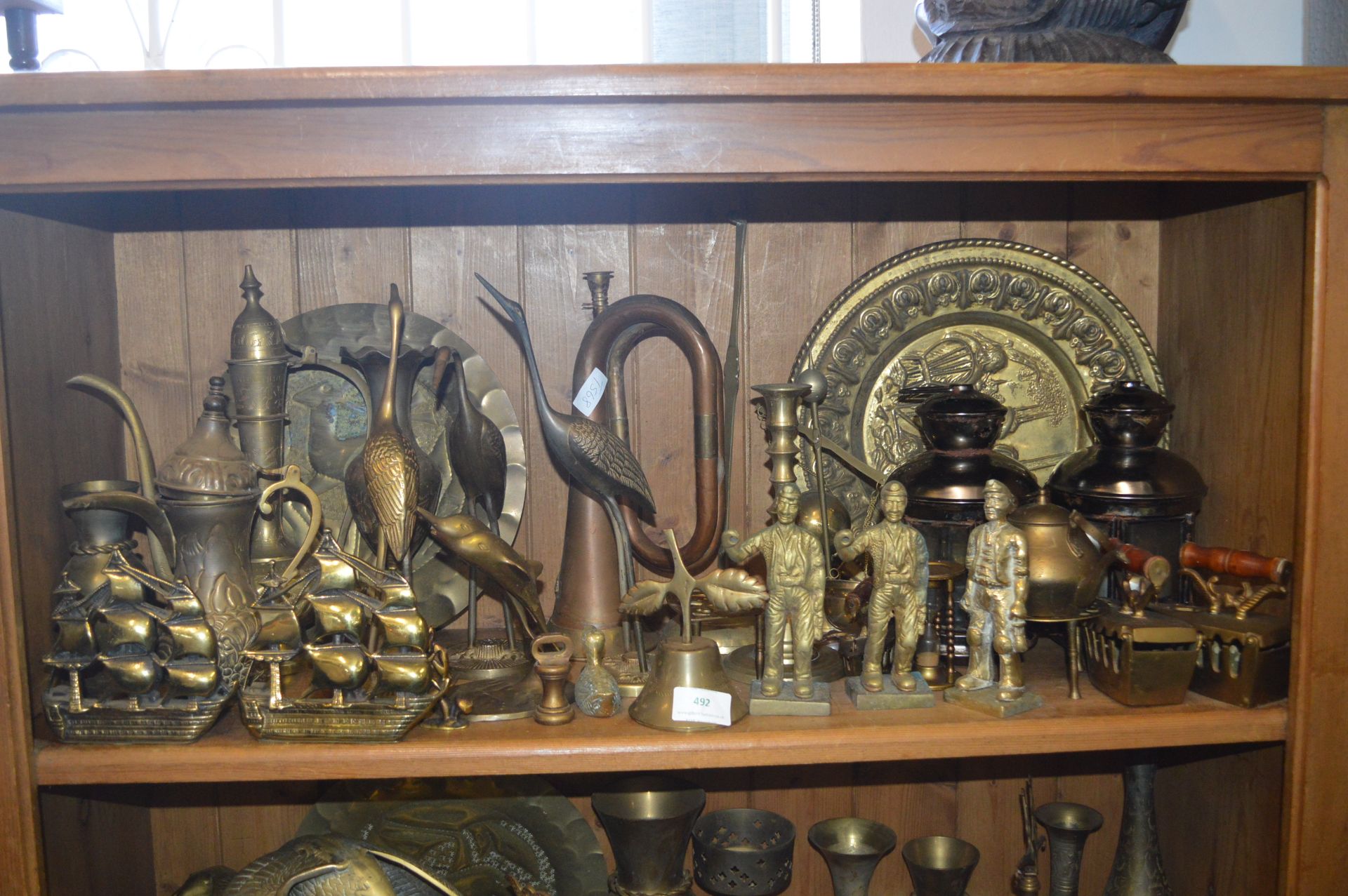 Shelf of Assorted Brass Ornaments, Trays, etc.