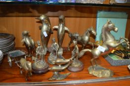 Twelve Brass Figures; Horses, Dolphins, etc.