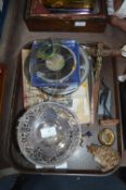 Tray Lot of Collectibles; Silver Plate Dish, Cruci