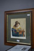 Framed Watercolour of a Girl Sewing